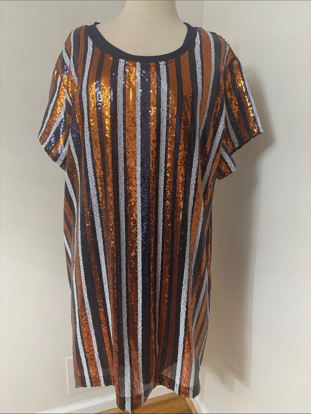 Sequin Stripe Shift Sequin Dress in Navy & Orange XXL